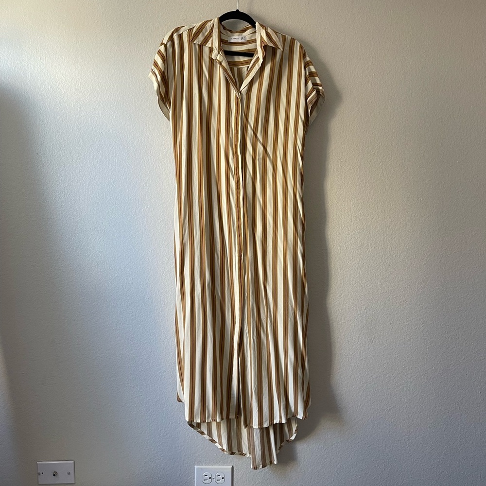 Faithfull the Brand Cream and Tan Striped Midi Dress